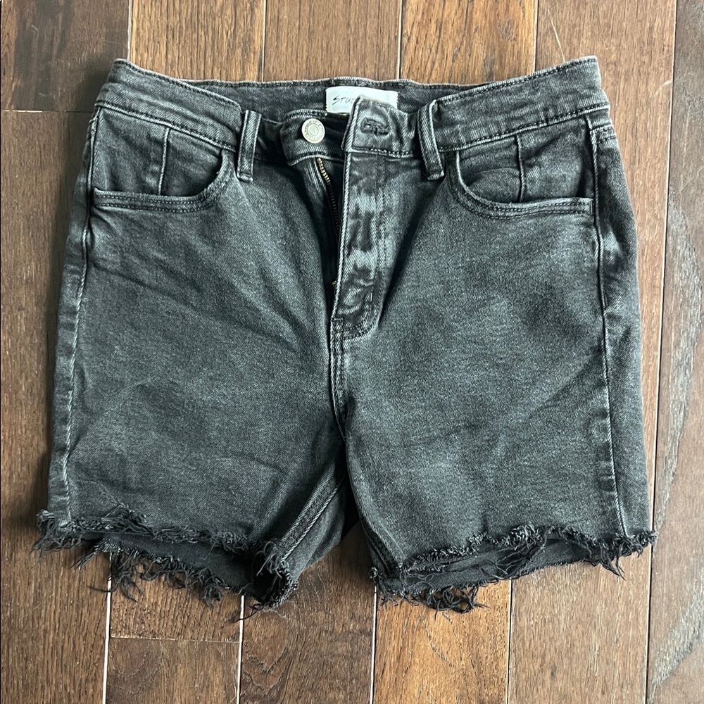 High-Rise Washed Black Denim Shorts with Frayed Hem
